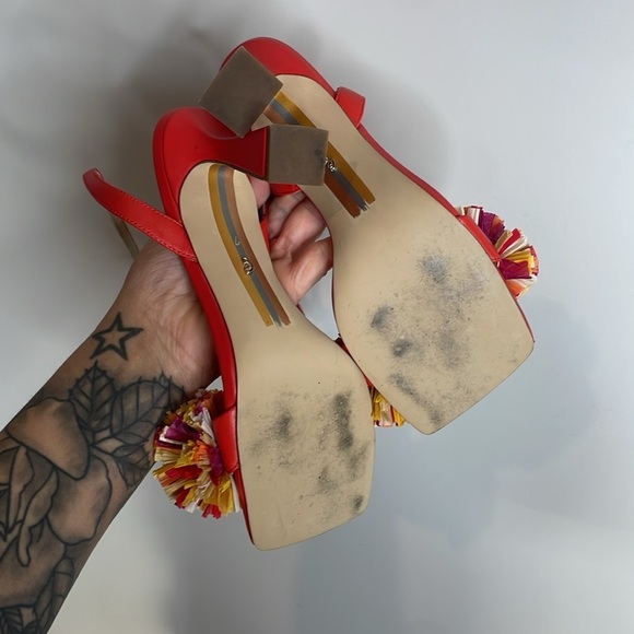 Sam Edelman | Clare Ankle Strap Heels Pom Pom Details in Bright Poppy Size 7 - Picture 5 of 6